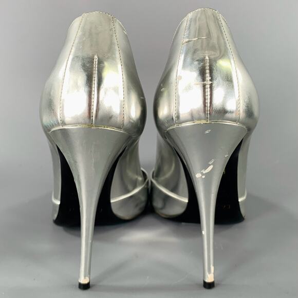 BALMAIN Size 6 Silver Patent Leather Peep Toe Heels Pumps - Picture 3 of 11